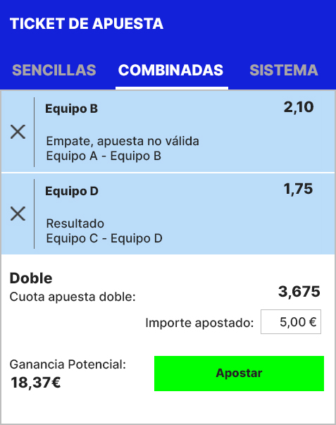 Ejemplo apuesta combinada de una apuesta sin empate y una apuesta 1X2