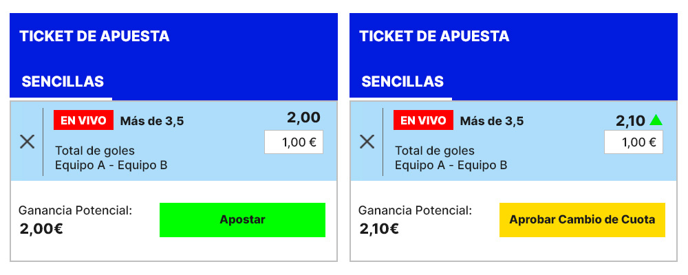 Ejemplo de un cambio de cuotas en una apuesta en directo