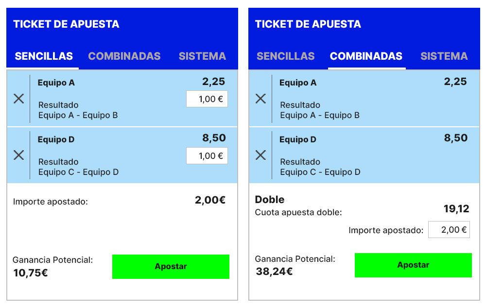 Boleto con apuestas simples frente a una combinada