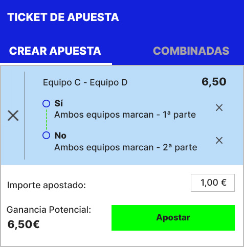 Crear apuesta con ambos equipos marcan en la 1ª mitad y en la 2ª mitad