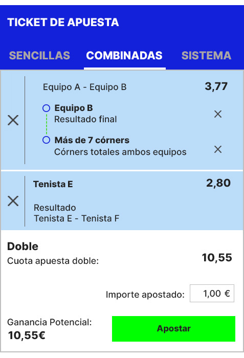 Ejemplo de apuesta combinada con un crear apuesta y una apuesta sencilla