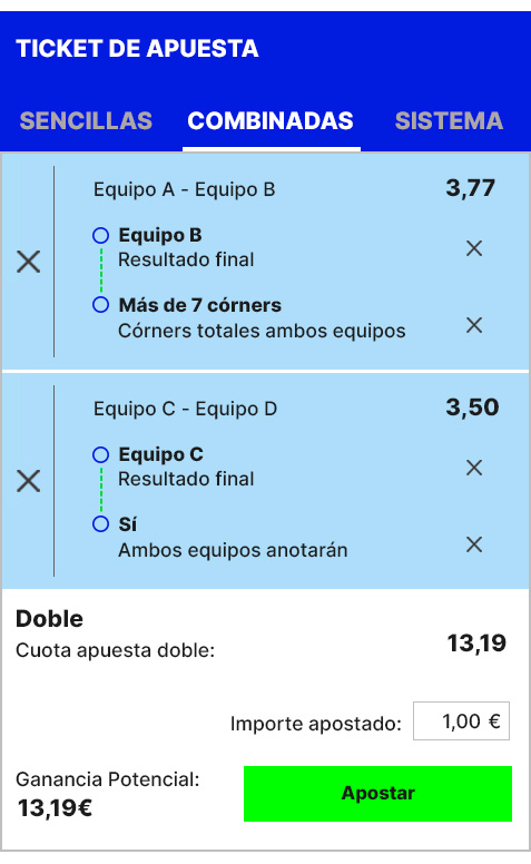 Ejemplo de apuesta combinada con dos apuestas del tipo crear apuesta