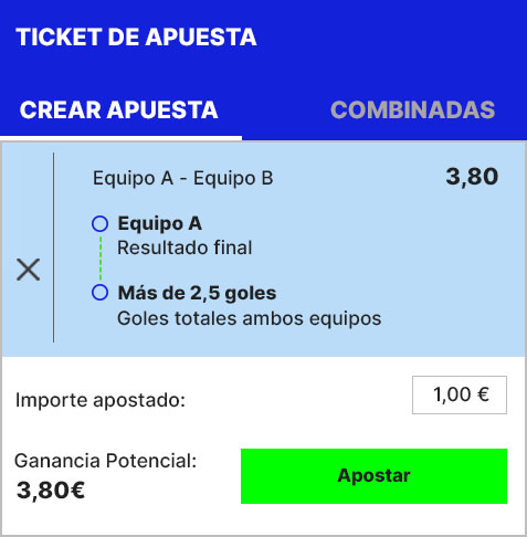 Ejemplo de hacer una apuesta combo incluyendo una apuesta de goles con crear apuesta