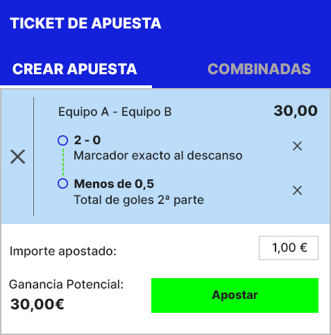 Ejemplo de crear apuesta combinando el mercado marcador exacto al descanso