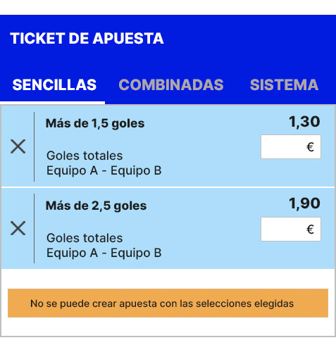 Ejemplo de dos selecciones de un mismo mercado que no se pueden combinar