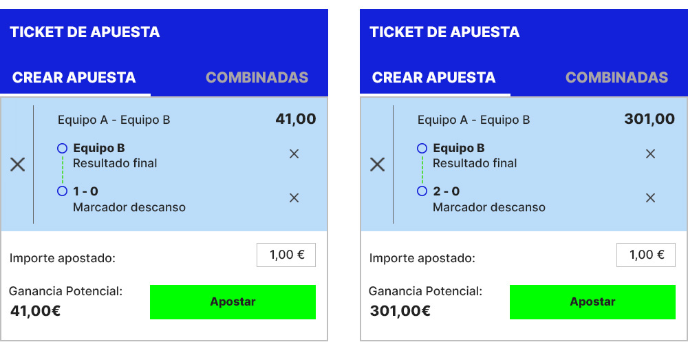 Ejemplos de combinación válida de mercado al descanso y final de distinto equipo