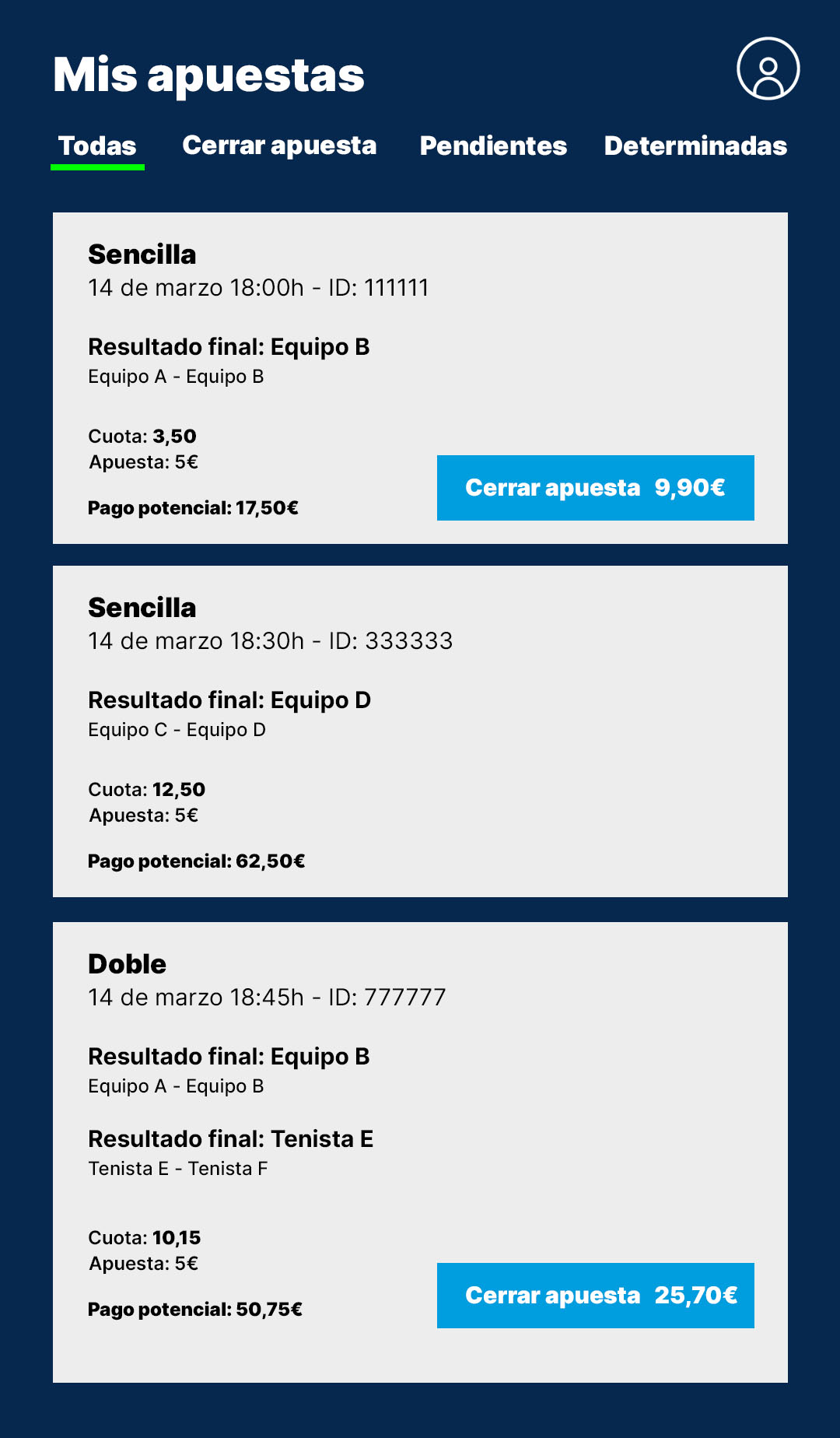 Ejemplo de la sección Mis Apuestas desde donde se pueden cerrar las apuestas