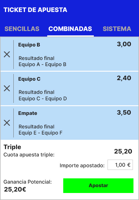 Apuesta combinada de 3 apuestas 1X2 de fútbol