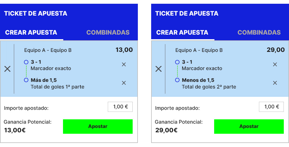 Ejemplos de crear apuesta combinando el mercado marcador exacto